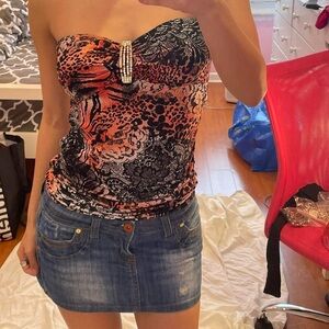 Pink Black Grey and White animal print snakeskin strapless top with rhinestone